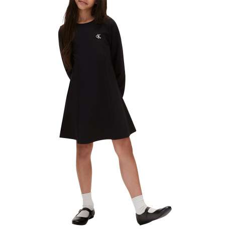 Robe courte noire unie avec coupe patineuse à col rond et à manches longues - Image 4