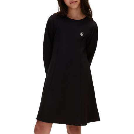 Robe courte noire unie avec coupe patineuse à col rond et à manches longues - Image 5