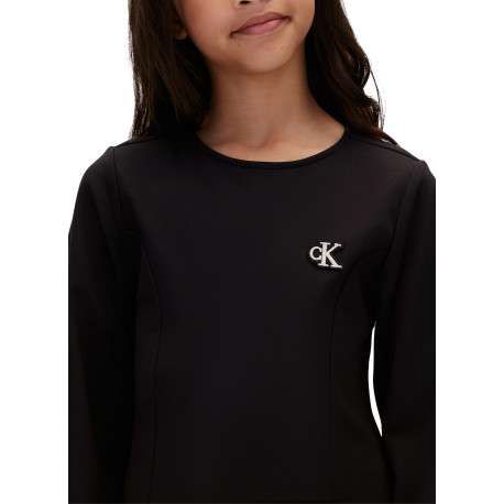 Robe courte noire unie avec coupe patineuse à col rond et à manches longues - Image 6