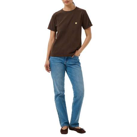 T-shirt en coton chocolat uni avec une coupe droite et un col rond - Image 5