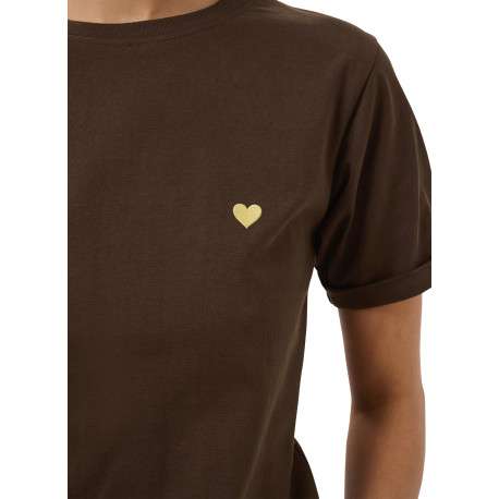 T-shirt en coton chocolat uni avec une coupe droite et un col rond - Image 6