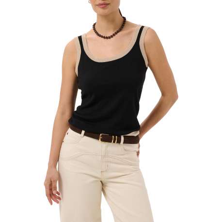 Top noir uni avec une coupe ajustée et pourvu d'un col rond beige - Image 3