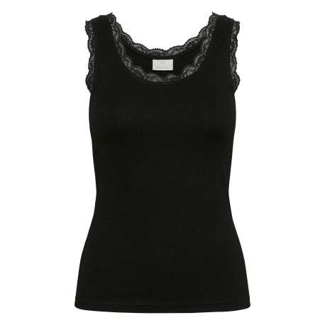 Top noir uni avec une coupe moulante et un col rond en dentelle