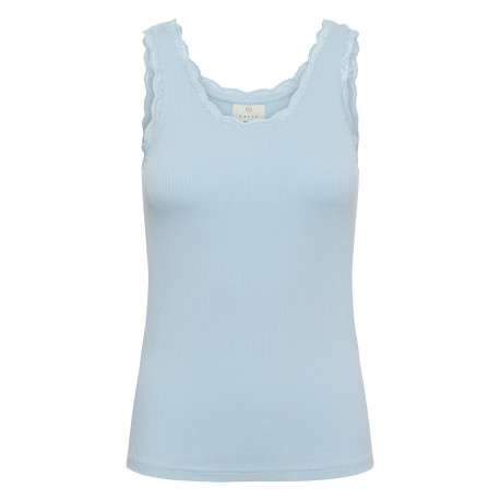 Top bleu uni avec une coupe moulante et un col rond en dentelle