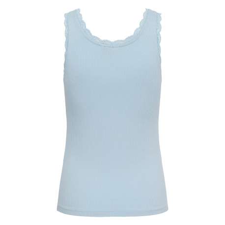Top bleu uni avec une coupe moulante et un col rond en dentelle - Image 2