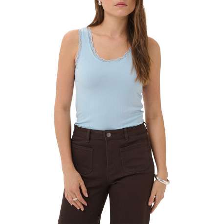 Top bleu uni avec une coupe moulante et un col rond en dentelle - Image 3