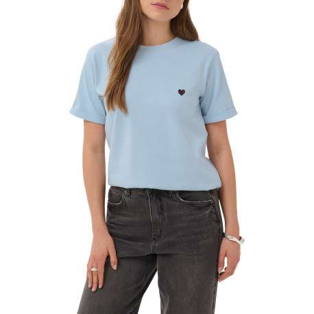 T-shirt en coton bleu uni avec une coupe droite et un col rond - Image 3