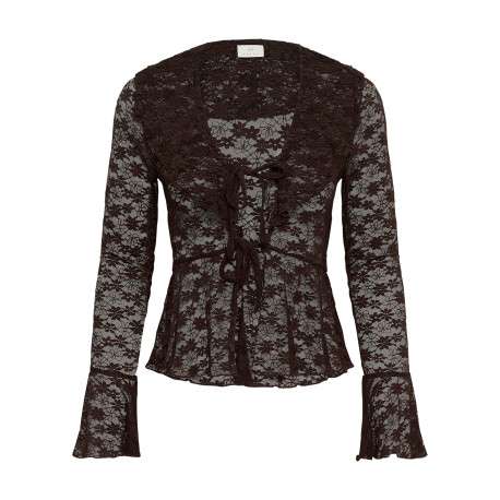 Blouse chocolat à motif floral avec une coupe cintrée et un col v