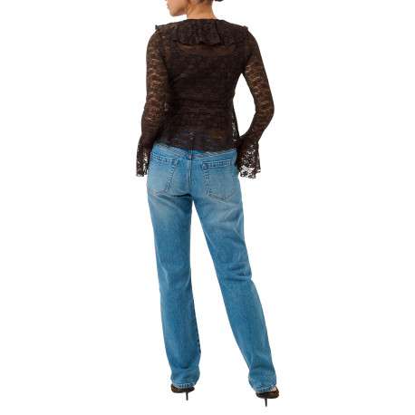 Blouse chocolat à motif floral avec une coupe cintrée et un col v - Image 4
