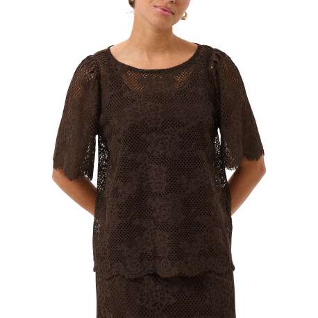 Blouse en coton mélangé chocolat à motifs avec une coupe droite - Image 5