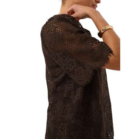 Blouse en coton mélangé chocolat à motifs avec une coupe droite - Image 6