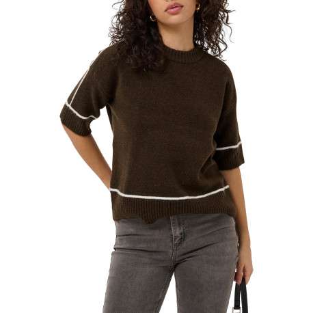 Pull chocolat uni avec une coupe droite et des manches courtes - Image 3