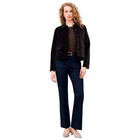 Blouson en coton chocolat uni avec une coupe droite et un col à revers - Image 3