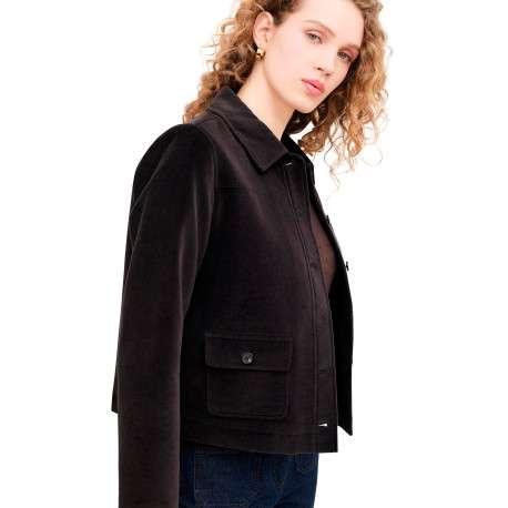 Blouson en coton chocolat uni avec une coupe droite et un col à revers - Image 4