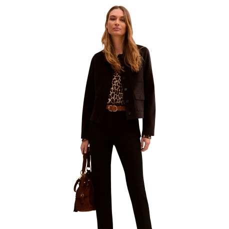 Blouson en coton chocolat uni avec une coupe droite et un col à revers - Image 6