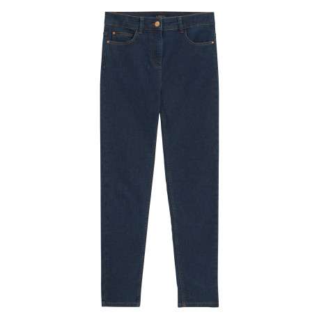 Jean en coton indigo avec une coupe slim muni d'un zip et d'un bouton