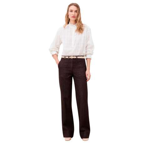 Pantalon en coton marron uni avec une coupe bootcut muni d'un zip et d'un bouton - Image 2