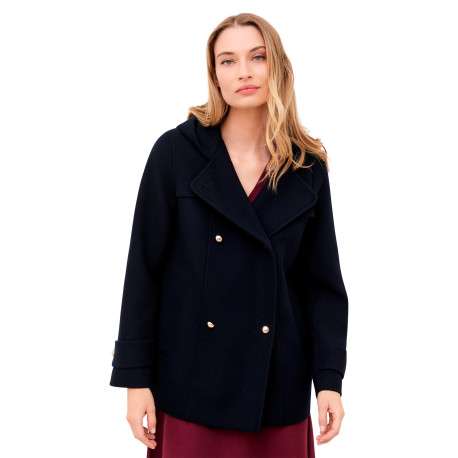 Manteau marine uni avec une coupe droite et un col à capuche - Image 2
