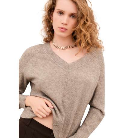 Pull taupe uni avec une coupe droite et des manches longues - Image 5