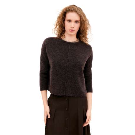 Pull marron uni effet chiné avec une coupe droite et un col rond - Image 2