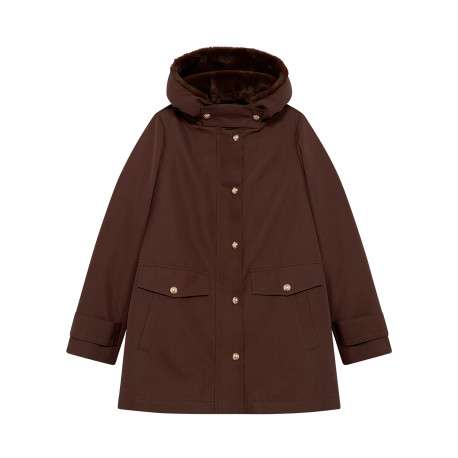 Parka en coton mélangé marron uni avec une coupe droite et une capuche