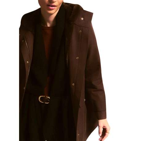 Parka en coton mélangé marron uni avec une coupe droite et une capuche - Image 5