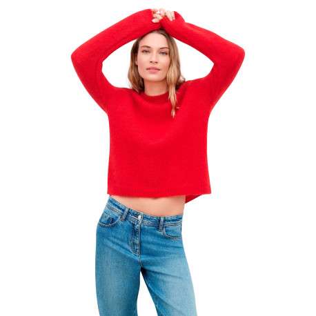 Pull en laine mélangée rouge uni avec une coupe droite et un col rond - Image 4