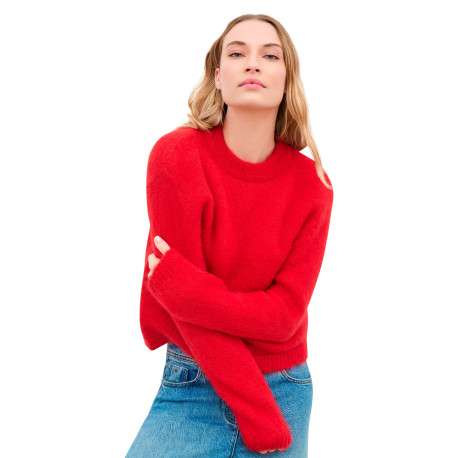 Pull en laine mélangée rouge uni avec une coupe droite et un col rond - Image 5