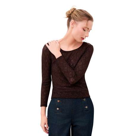 T-shirt marron uni avec une coupe moulante et des manches longues - Image 4