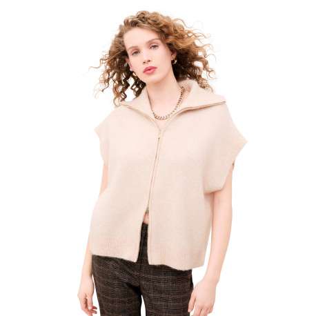 Gilet sable uni avec une coupe droite et un col montant à zip - Image 2