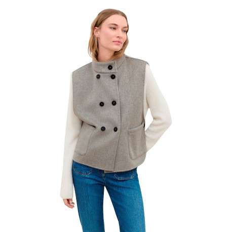 Manteau gris uni avec une coupe droite et un col montant avec bouton - Image 2