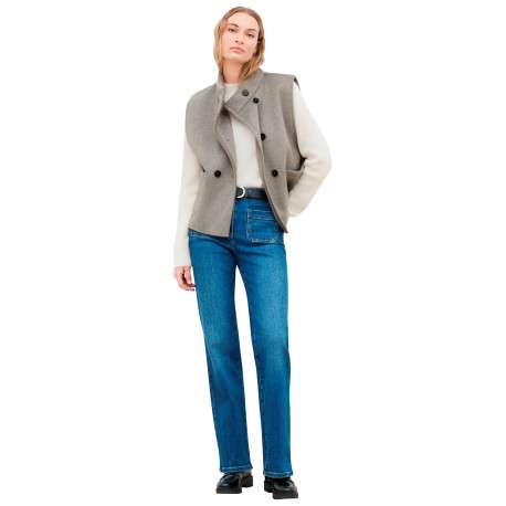 Manteau gris uni avec une coupe droite et un col montant avec bouton - Image 4