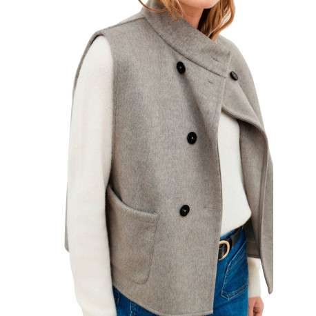 Manteau gris uni avec une coupe droite et un col montant avec bouton - Image 5