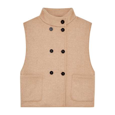 Manteau beige uni avec une coupe droite et un col montant avec bouton