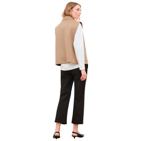 Manteau beige uni avec une coupe droite et un col montant avec bouton - Image 3
