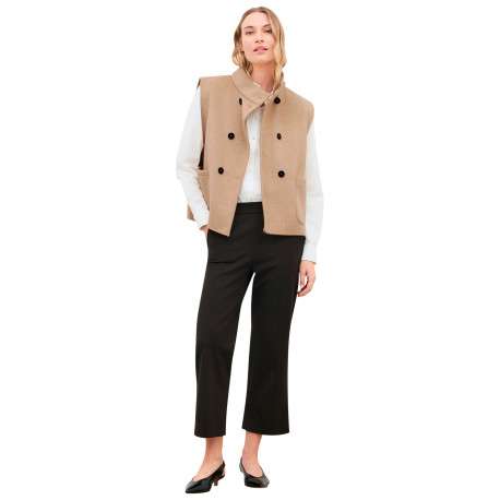 Manteau beige uni avec une coupe droite et un col montant avec bouton - Image 4