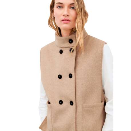 Manteau beige uni avec une coupe droite et un col montant avec bouton - Image 5