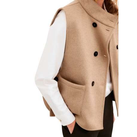 Manteau beige uni avec une coupe droite et un col montant avec bouton - Image 6