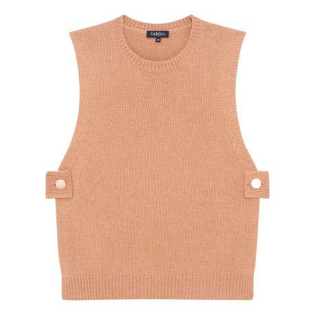 Pull camel uni sans manche avec une coupe droite et un col rond