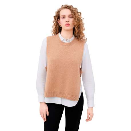 Pull camel uni sans manche avec une coupe droite et un col rond - Image 2