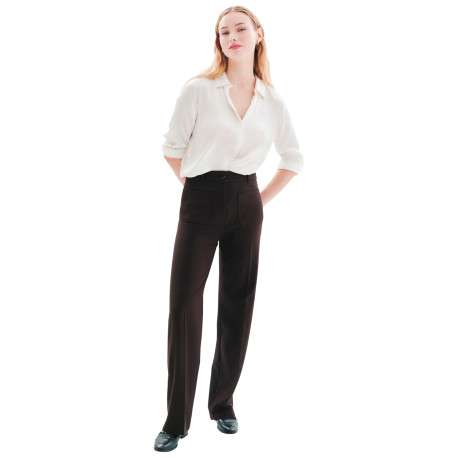 Pantalon chocolat uni avec une coupe droite muni d'un zip et d'un bouton - Image 5