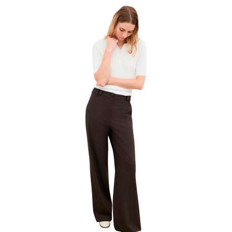 Pantalon marron uni avec une coupe bootcut muni d'un zip et d'un bouton - Image 2