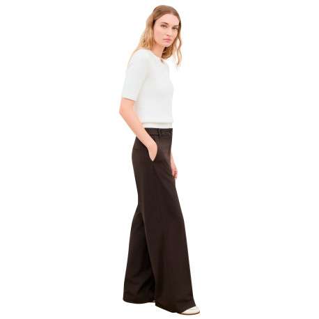 Pantalon marron uni avec une coupe bootcut muni d'un zip et d'un bouton - Image 4