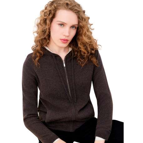 Gilet en laine marron uni avec une coupe droite et une capuche - Image 5