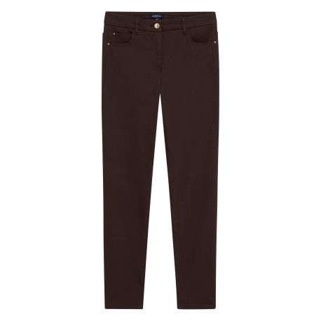 Pantalon en coton chocolat uni avec une coupe slim muni d'un zip et d'un bouton