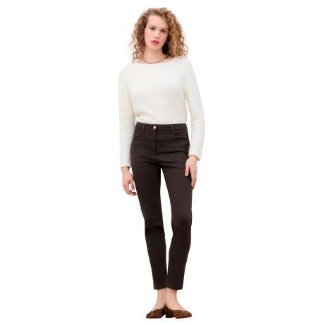 Pantalon en coton chocolat uni avec une coupe slim muni d'un zip et d'un bouton - Image 2