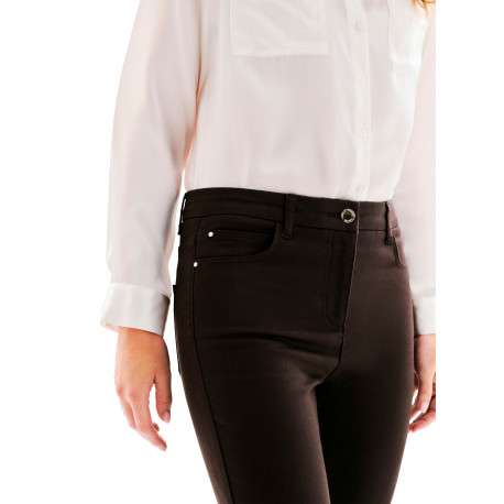 Pantalon en coton chocolat uni avec une coupe slim muni d'un zip et d'un bouton - Image 5