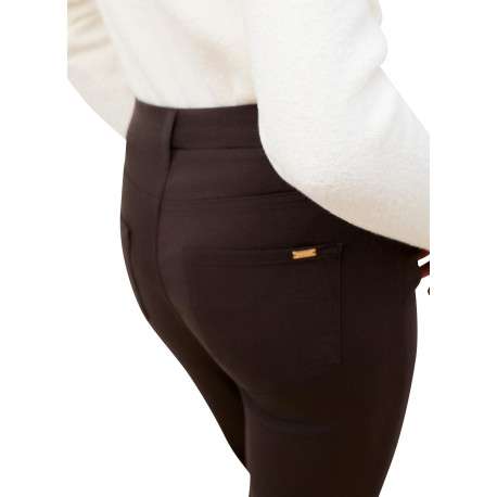 Pantalon en coton chocolat uni avec une coupe slim muni d'un zip et d'un bouton - Image 6