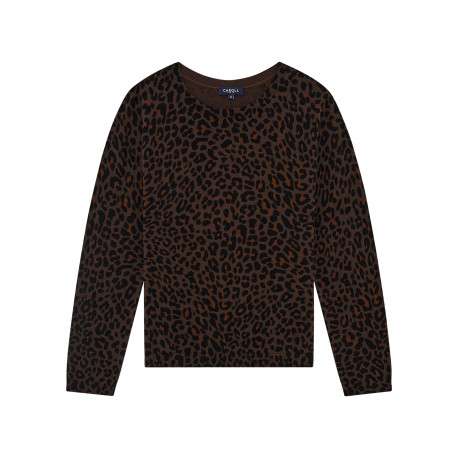 Pull en coton marron à motif animalier avec une coupe droite et un col rond