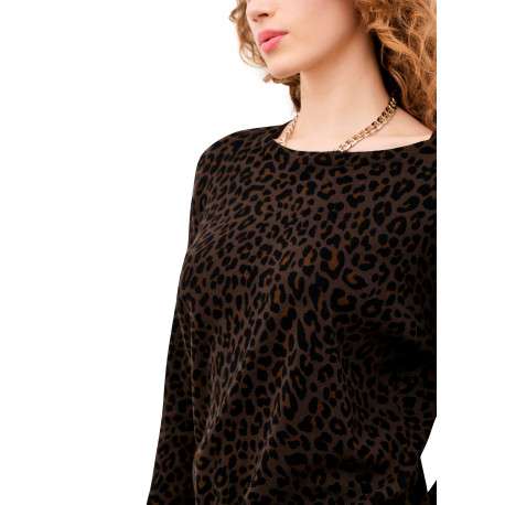 Pull en coton marron à motif animalier avec une coupe droite et un col rond - Image 4